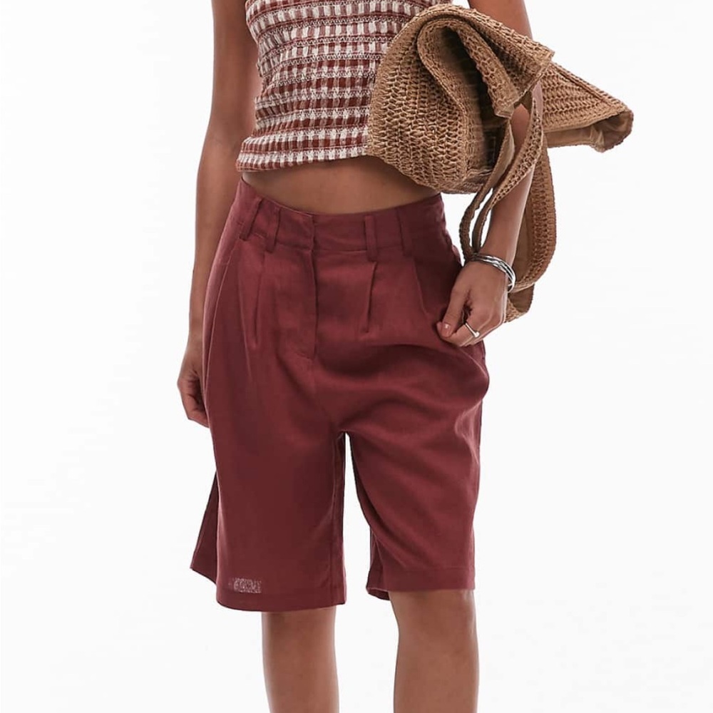 Topshop Dark Red Women's Bermuda Shorts Linen Blend